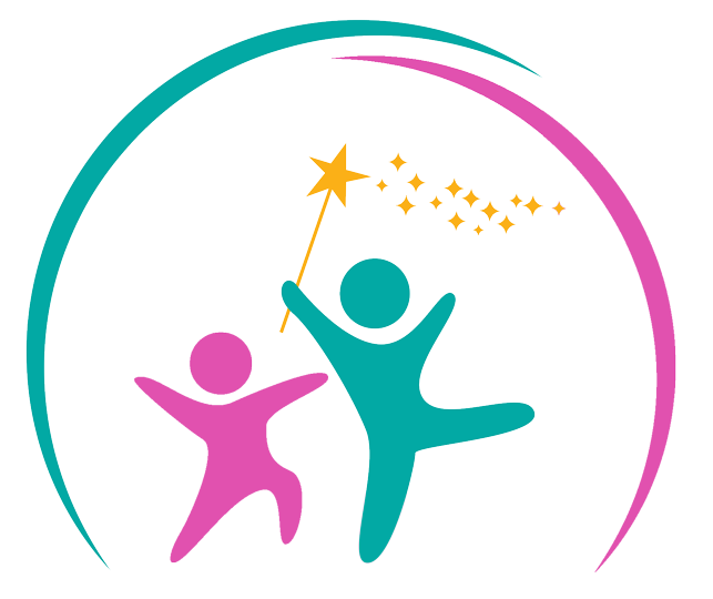 The Speak to Sparkle Speech Pathology logo of one green person and a smaller pink person dancing with a star wand with sparkles following the wand. they're surrounded by a green and pink woosh circle.